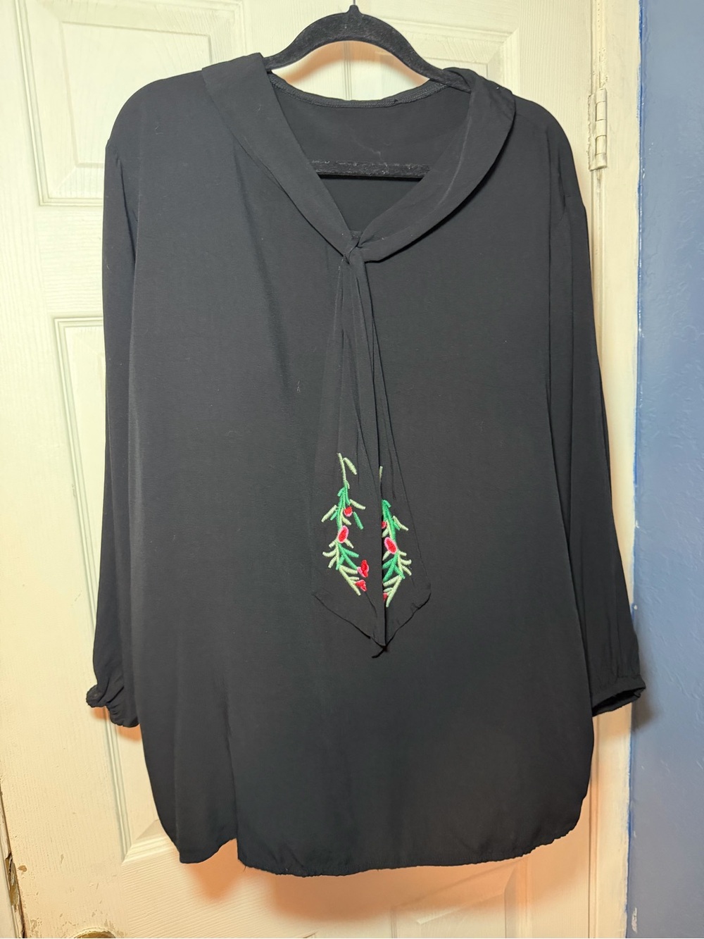 Emily Rose Black Tie-Neck Blouse with Embroidered Accents
